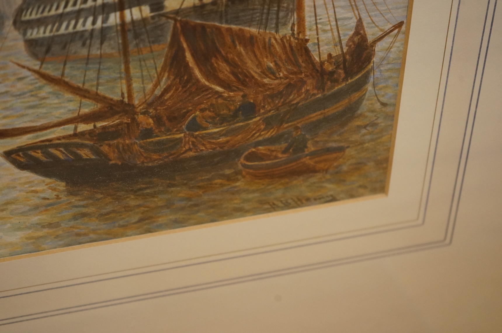Bernard Benedict Hemy (1844-1910?), pair of watercolours, Frigates and fishing boats at anchor, each signed, 52 x 36cm